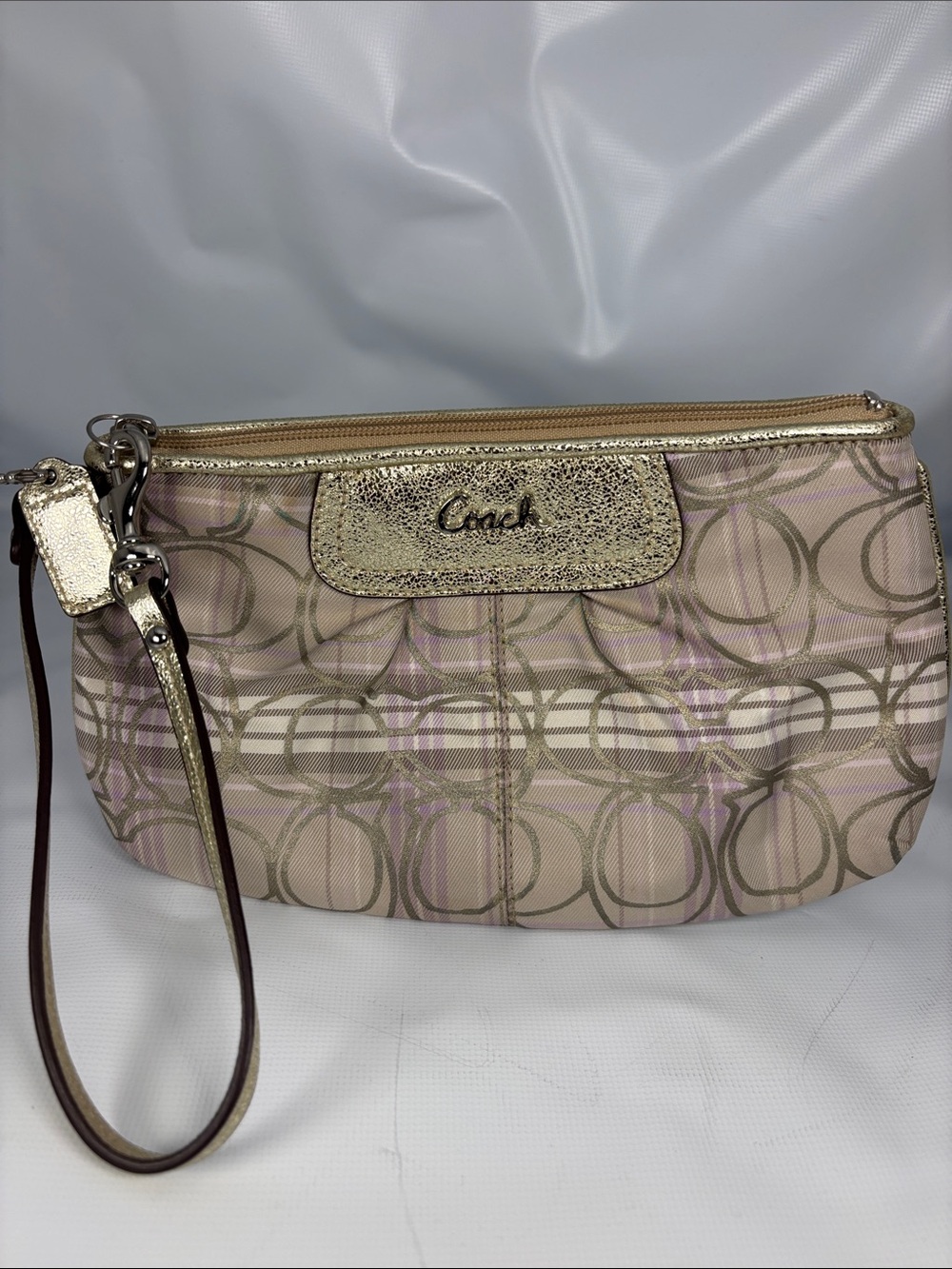 Coach Metallic Logo Wristlet in Beige and Gold
